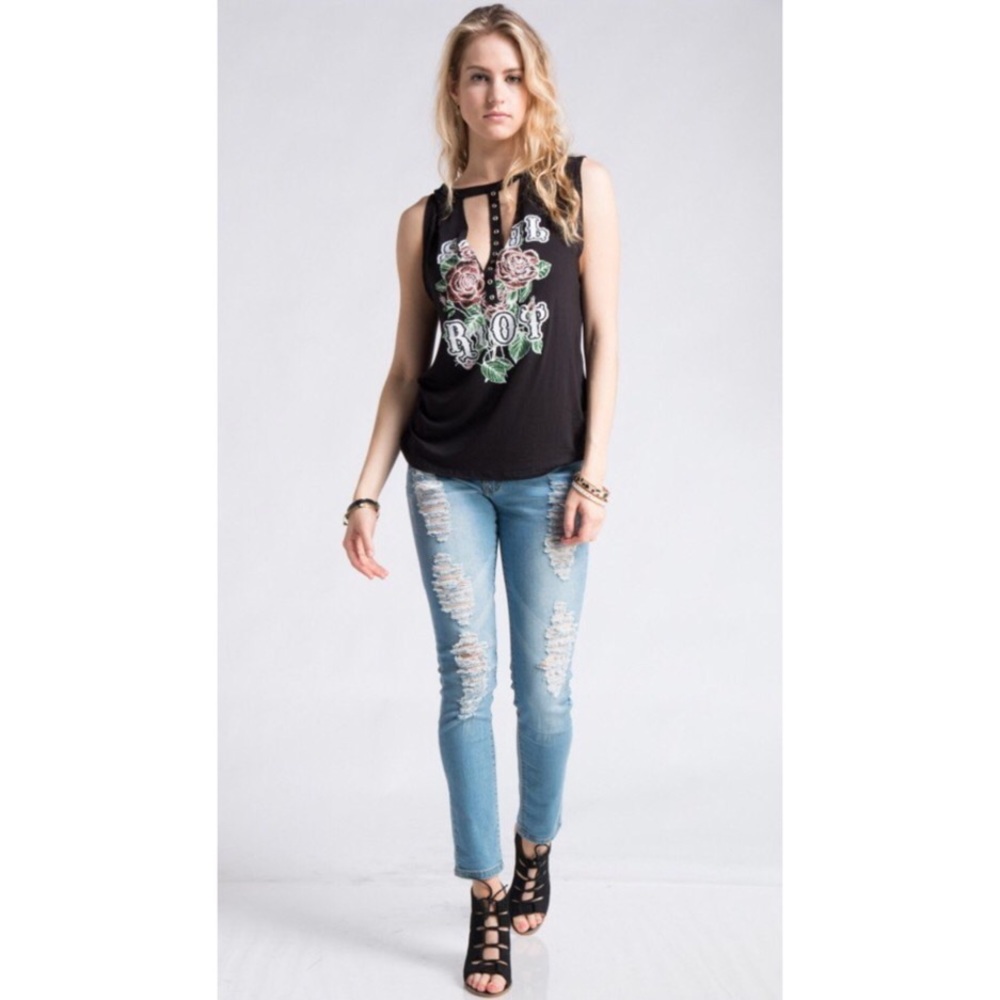 Black Graphic Front Choker Neck Tank - Picture 2 of 7